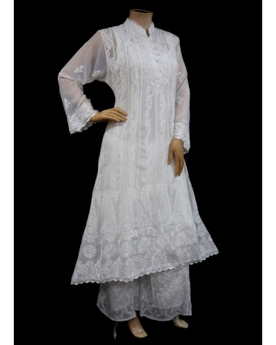 ISHIEQA's White Georgette kalidaar Kurti  - DC0602B