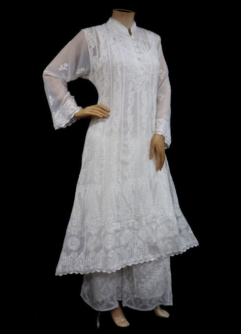ISHIEQA's White Georgette kalidaar Kurti  - DC0602B