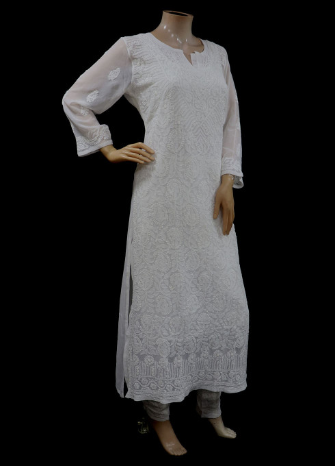 ISHIEQA's White Georgette Chikankari Kurti-MV0701D