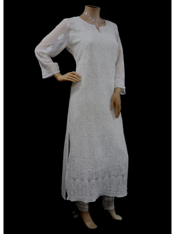 ISHIEQA's White Georgette Chikankari Kurti-MV0701D