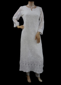 ISHIEQA's White Georgette Chikankari Kurti-MV0701D