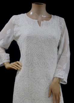 ISHIEQA's White Georgette Chikankari Kurti-MV0701D