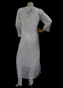 ISHIEQA's White Georgette Chikankari Kurti-MV0701D