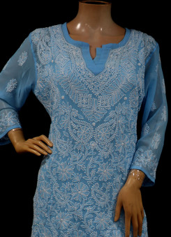 ISHIEQA's Blue Georgette Chikankari Kurti-DC0108B