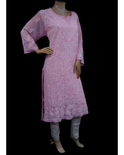 ISHIEQA's Pink Georgette Chikankari Kurti-DC0108B