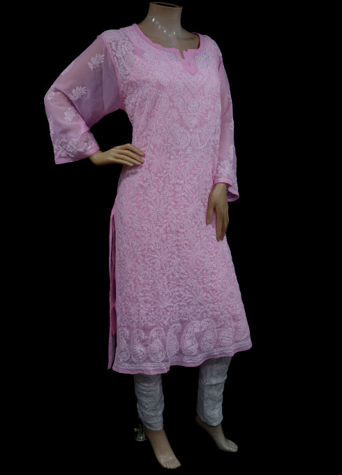 ISHIEQA's Pink Georgette Chikankari Kurti-DC0108B