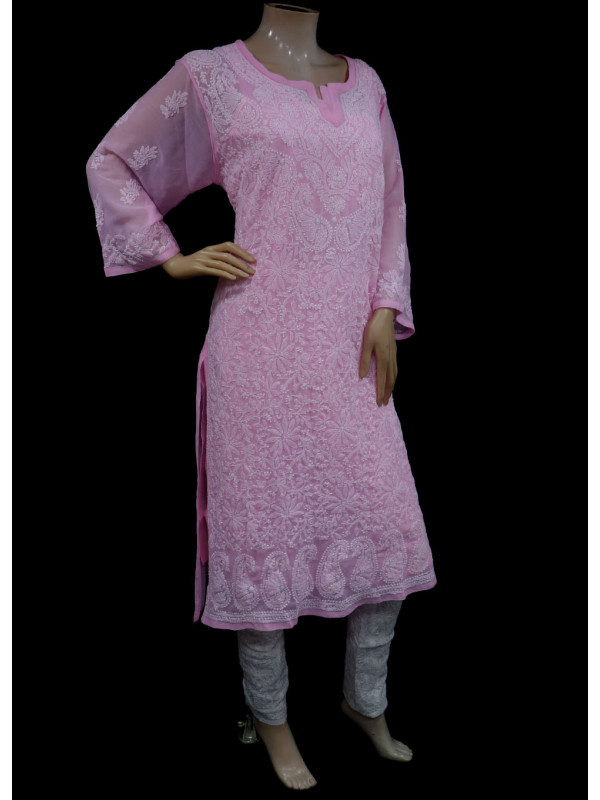 ISHIEQA's Pink Georgette Chikankari Kurti-DC0108B