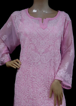 ISHIEQA's Pink Georgette Chikankari Kurti-DC0108B