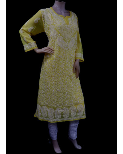 ISHIEQA's Yellow Georgette Chikankari Kurti-DC0108B