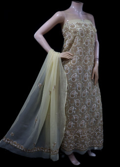 ISHIEQA's Beige Georgette Chikankari Dress Material - KL0103C