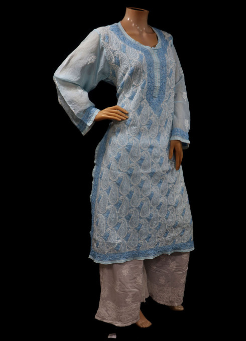 ISHIEQA's  Blue Cotton Chikankari Kurti - MV1701D
