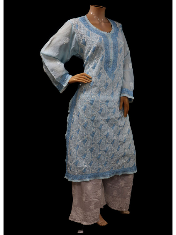 ISHIEQA's  Blue Cotton Chikankari Kurti - MV1701D