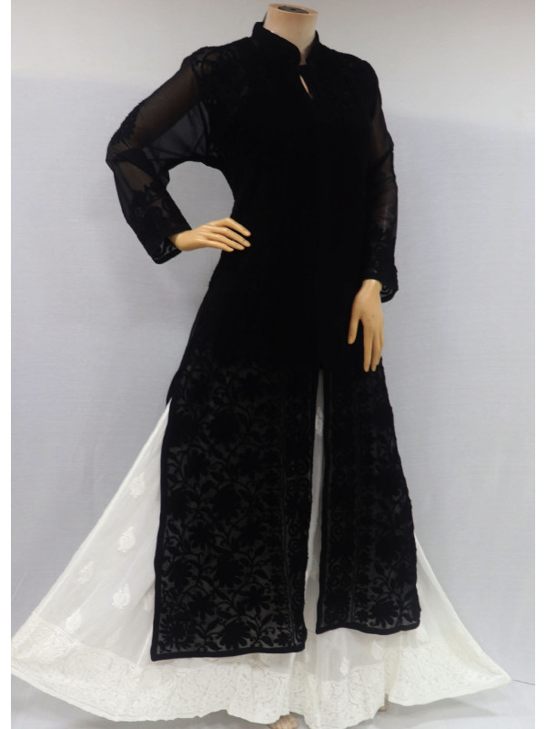 ISHIEQA's Aari Work Black Georgette Cape Top Style Kurti  - DC0208B
