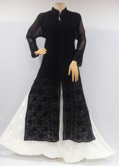ISHIEQA's Aari Work Black Georgette Cape Top Style Kurti  - DC0208B