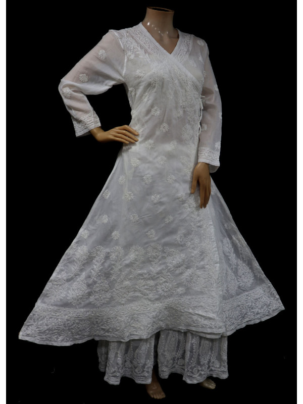 ISHIEQAs Chikankari Kurta White Cotton Angarakha  - MV0704E
