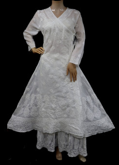 ISHIEQAs Chikankari Kurta White Cotton Angarakha  - MV0704E