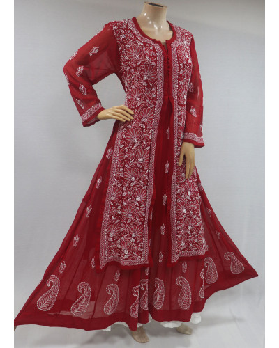 ISHIEQAs Chikankari Anarkali Red Georgette Kurta  - MV0705E