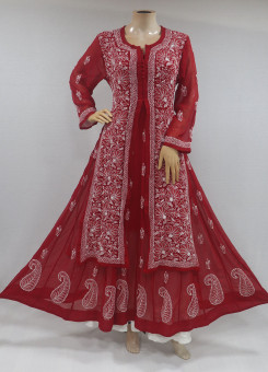 ISHIEQAs Chikankari Anarkali Red Georgette Kurta  - MV0705E