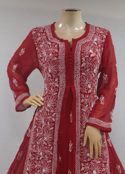 ISHIEQAs Chikankari Anarkali Red Georgette Kurta  - MV0705E