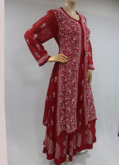 ISHIEQAs Chikankari Anarkali Red Georgette Kurta  - MV0705E