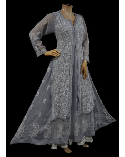 ISHIEQAs Chikankari Anarkali Grey Georgette Kurta  - MV0705E