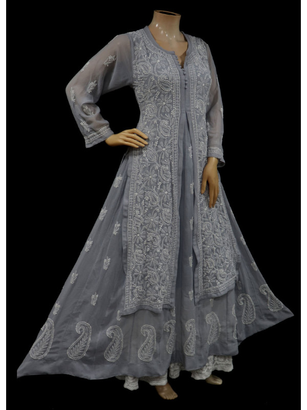 ISHIEQAs Chikankari Anarkali Grey Georgette Kurta  - MV0705E