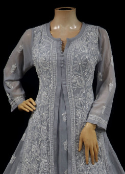 ISHIEQAs Chikankari Anarkali Grey Georgette Kurta  - MV0705E