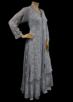 ISHIEQAs Chikankari Anarkali Grey Georgette Kurta  - MV0705E