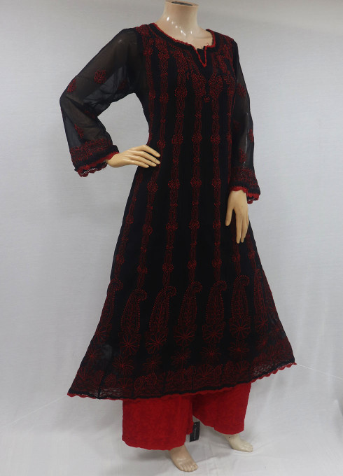 ISHIEQAs Chikankari Anarkali Kurta Black-Red Georgette-DC1202C