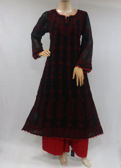 ISHIEQAs Chikankari Anarkali Kurta Black-Red Georgette-DC1202C