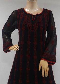 ISHIEQAs Chikankari Anarkali Kurta Black-Red Georgette-DC1202C