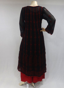ISHIEQAs Chikankari Anarkali Kurta Black-Red Georgette-DC1202C