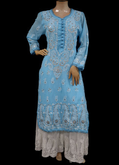 ISHIEQAs Chikankari-Gotta Georgette Blue Kurti - MV0801E