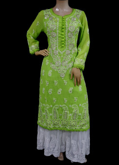 ISHIEQAs Chikankari-Gotta Georgette Green Kurti -MV0801E