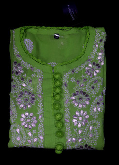 ISHIEQAs Chikankari-Gotta Georgette Green Kurti -MV0801E