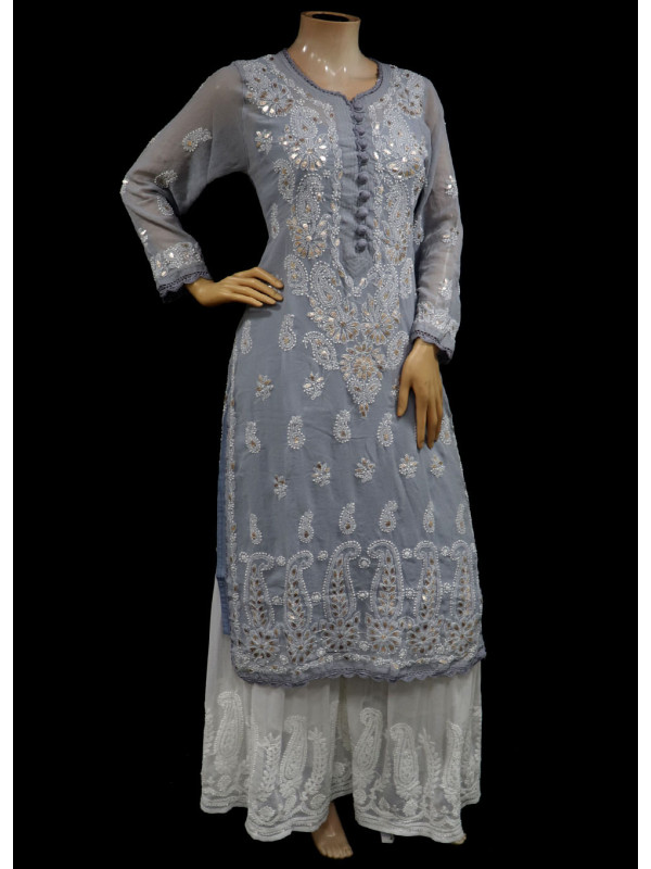 ISHIEQAs Chikankari-Gotta Georgette Grey Kurti- MV0801E