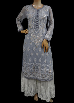 ISHIEQAs Chikankari-Gotta Georgette Grey Kurti- MV0801E