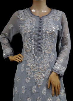 ISHIEQAs Chikankari-Gotta Georgette Grey Kurti- MV0801E