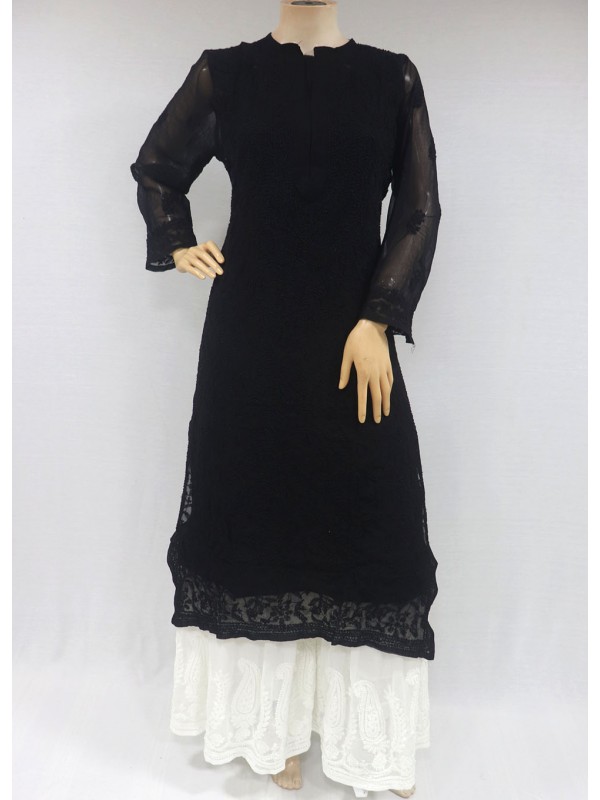 Tvis and Bliss. Hand Embroidered Black Georgette Lucknow Chikankari Short  kurti