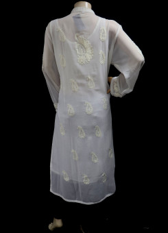 ISHIEQAs Aari work White Georgette Kurti  - DC0105B