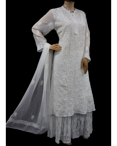ISHIEQAs Chikankari-Mukaish Georgette White Kurti-DC0103E