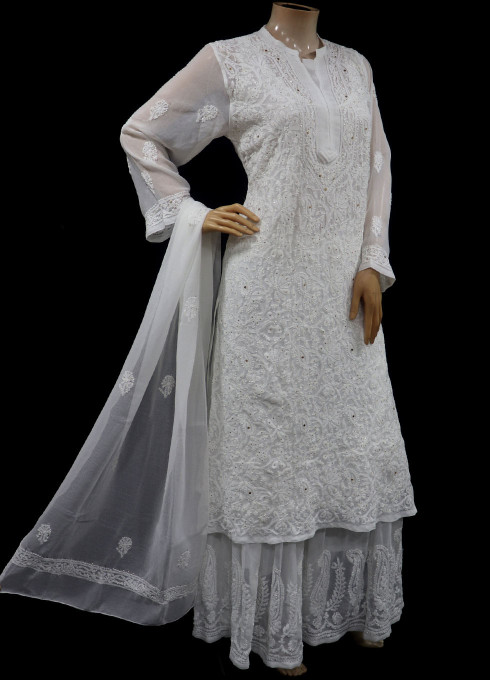 ISHIEQAs Chikankari-Mukaish Georgette White Kurti-DC0103E
