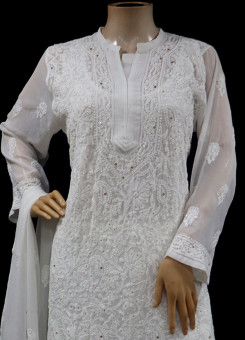 ISHIEQAs Chikankari-Mukaish Georgette White Kurti-DC0103E