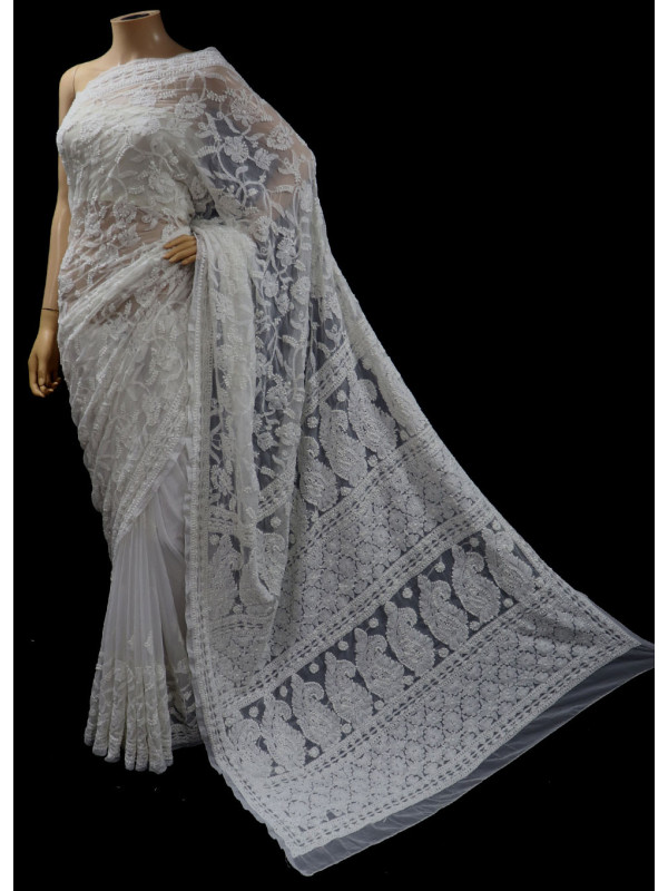 ISHIEQAs Chikankari Saree White Georgette - MV0901E