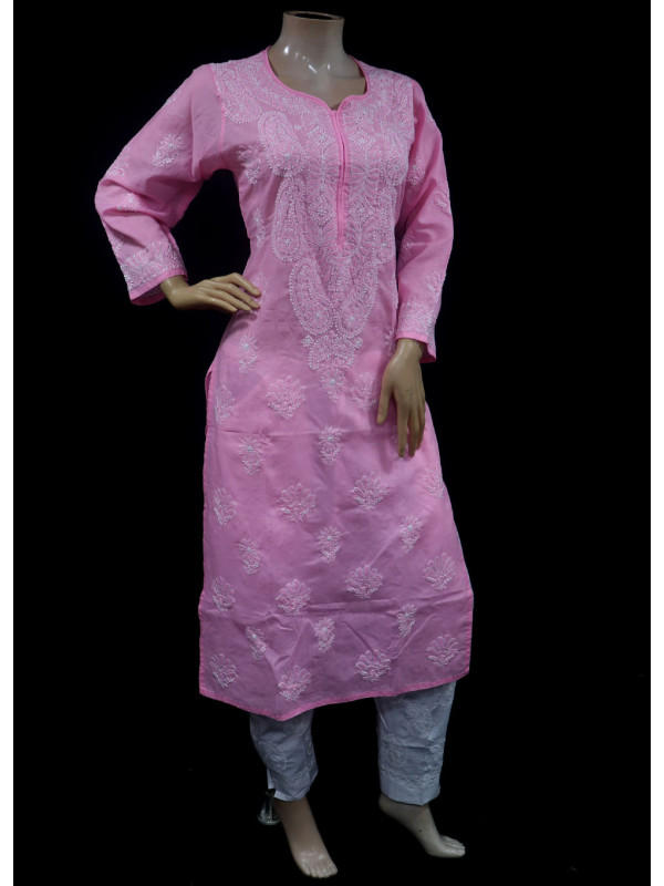 ISHIEQAs Chikankari Pink Cotton Kurti-MV1002E
