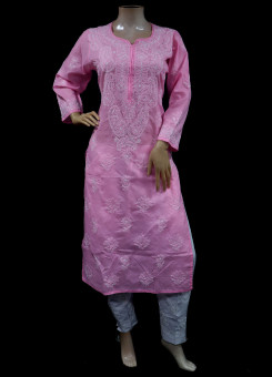 ISHIEQAs Chikankari Pink Cotton Kurti-MV1002E