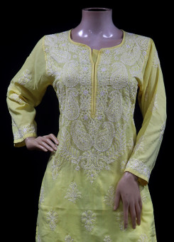 ISHIEQAs Chikankari Yellow Cotton Kurti-MV1002E