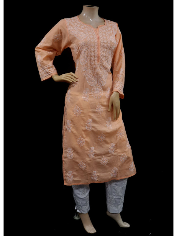 ISHIEQAs Chikankari Orange Cotton Kurti-MV1002E
