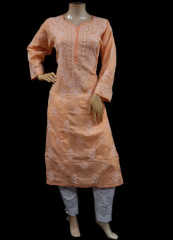 ISHIEQAs Chikankari Orange Cotton Kurti-MV1002E