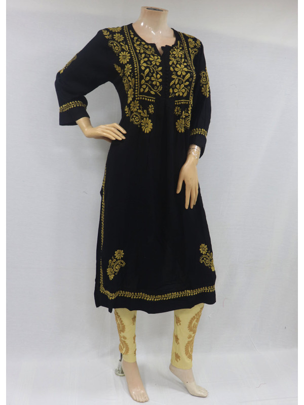 ISHIEQAs Chikankari Black Rayon Kurti-MV1003E